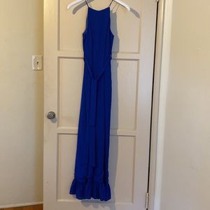 Line and Dot Cobalt Blue Ruffle Bottom Jumpsuit
